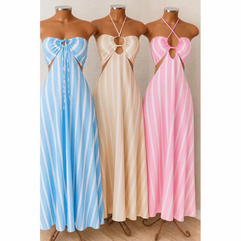 Vestido Longo Listrado Cut Out