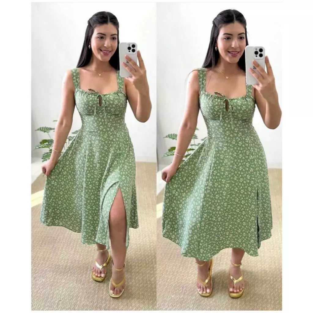 Vestido Feminino Mídi Romântico Estampa Floral