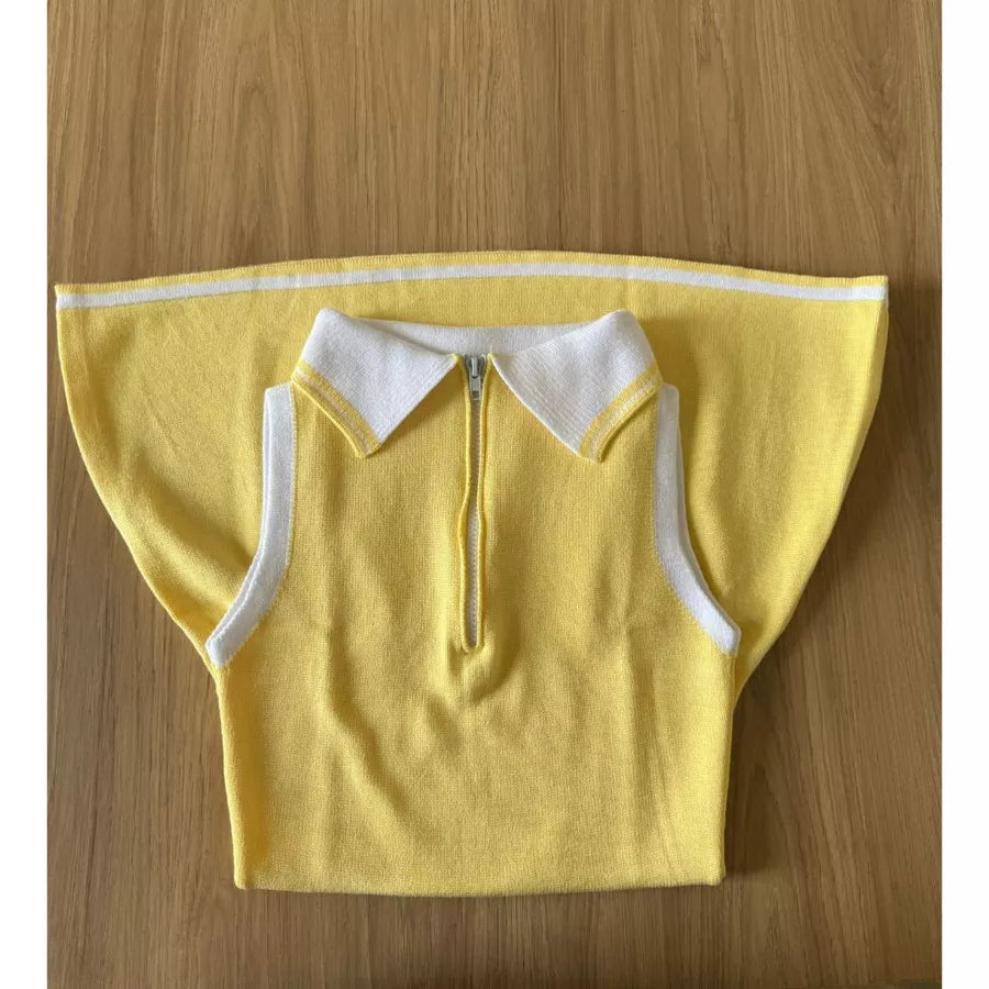 Vestido Curto Tricot Modal Gola Polo com Zíper Sem Manga Elegante