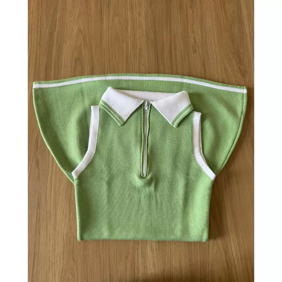 Vestido Curto Tricot Modal Gola Polo com Zíper Sem Manga Elegante