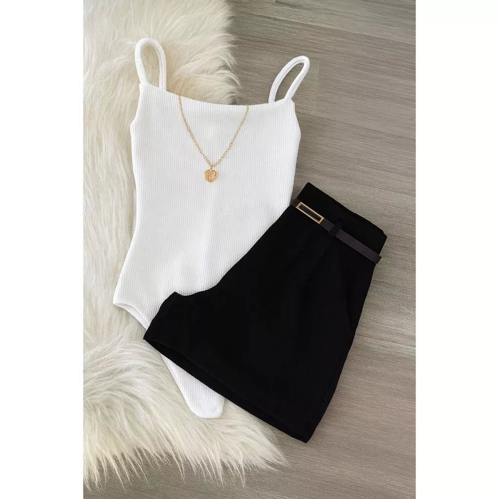 Conjunto Body Alcinha+ Short Alfaiataria Com Cinto