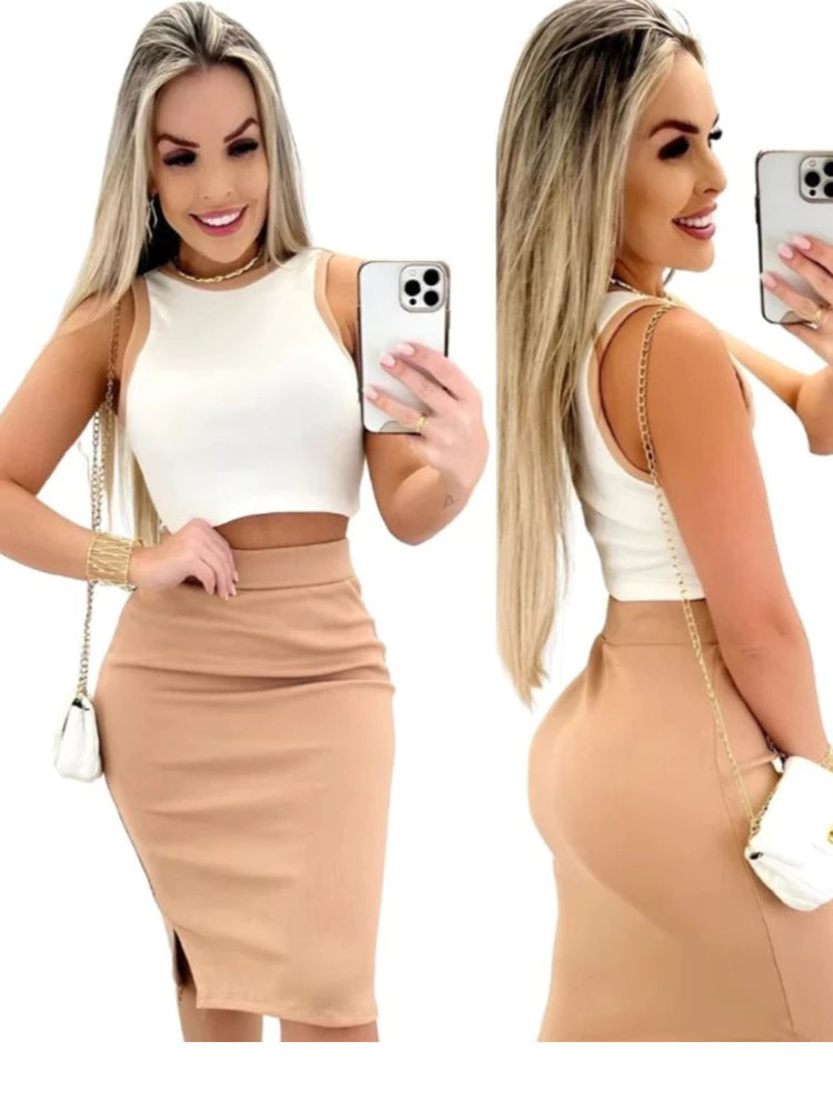 Conjunto Feminino Saia Midi e Cropped Anarruga